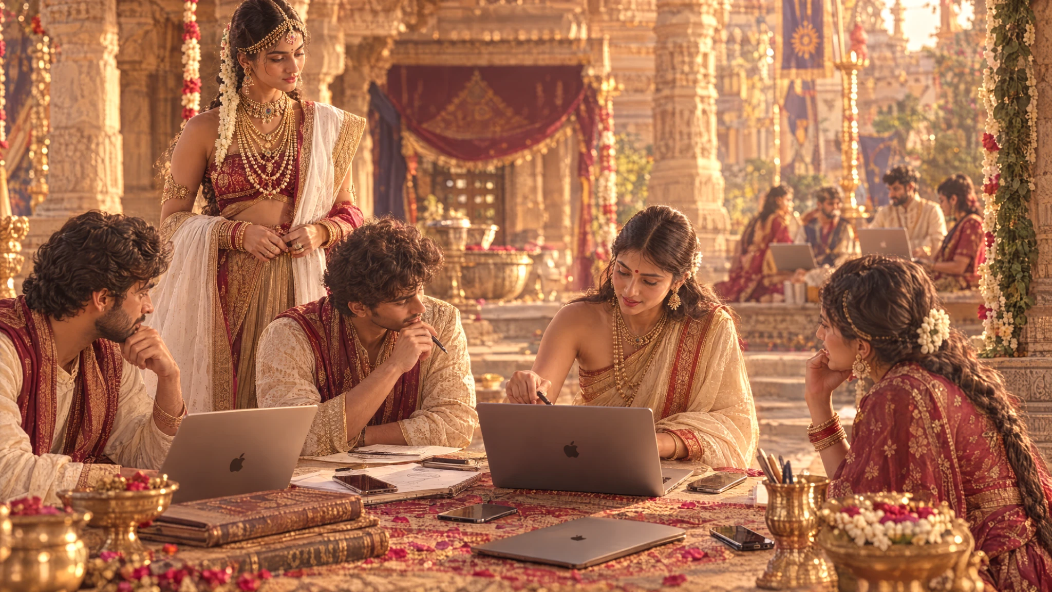 Creative collaborators with laptops and sketchbooks in a richly detailed golden interior