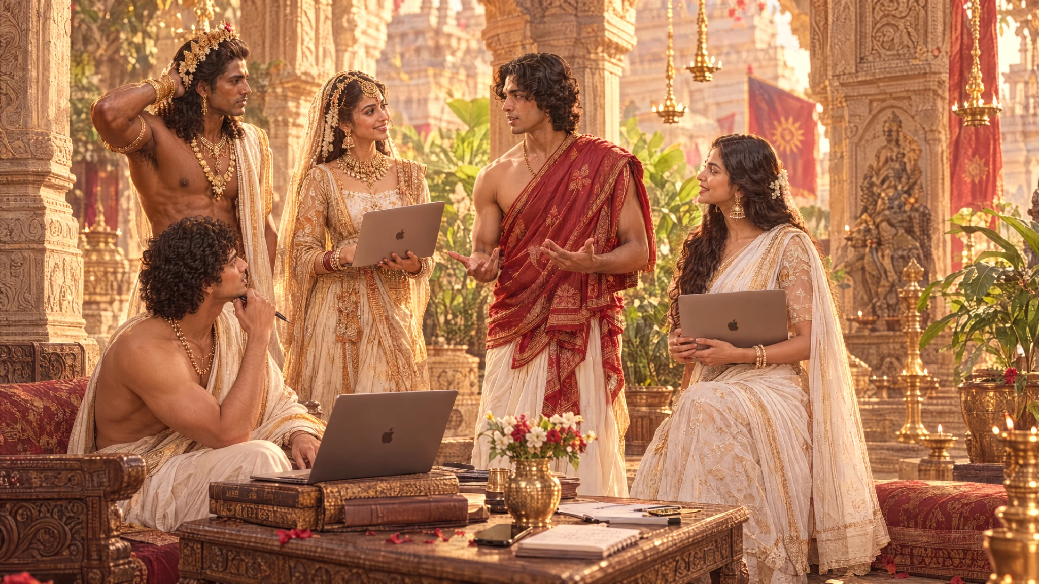 A group exchanging creative ideas among carved pillars, rich textiles, and warm golden light